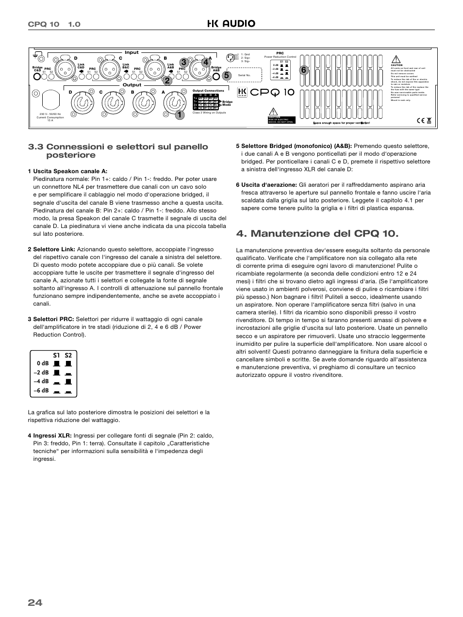Manutenzione del cpq 10, 3 connessioni e selettori sul panello posteriore, Cpq 10 1.0 | S1 s2, Power reduction control | HK Audio CPQ 10 User Manual | Page 24 / 32