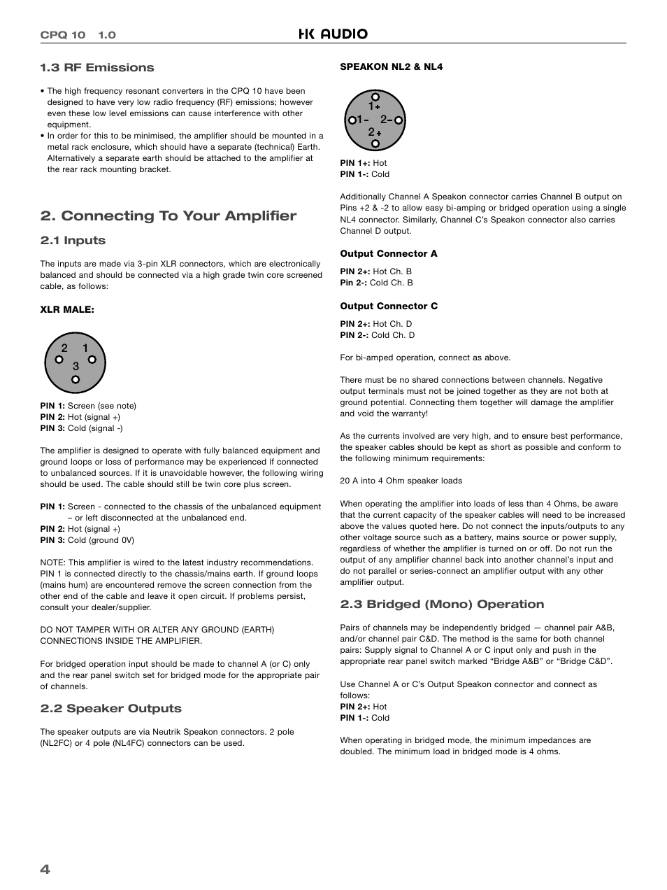 Connecting to your amplifier | HK Audio CPQ 10 User Manual | Page 4 / 32