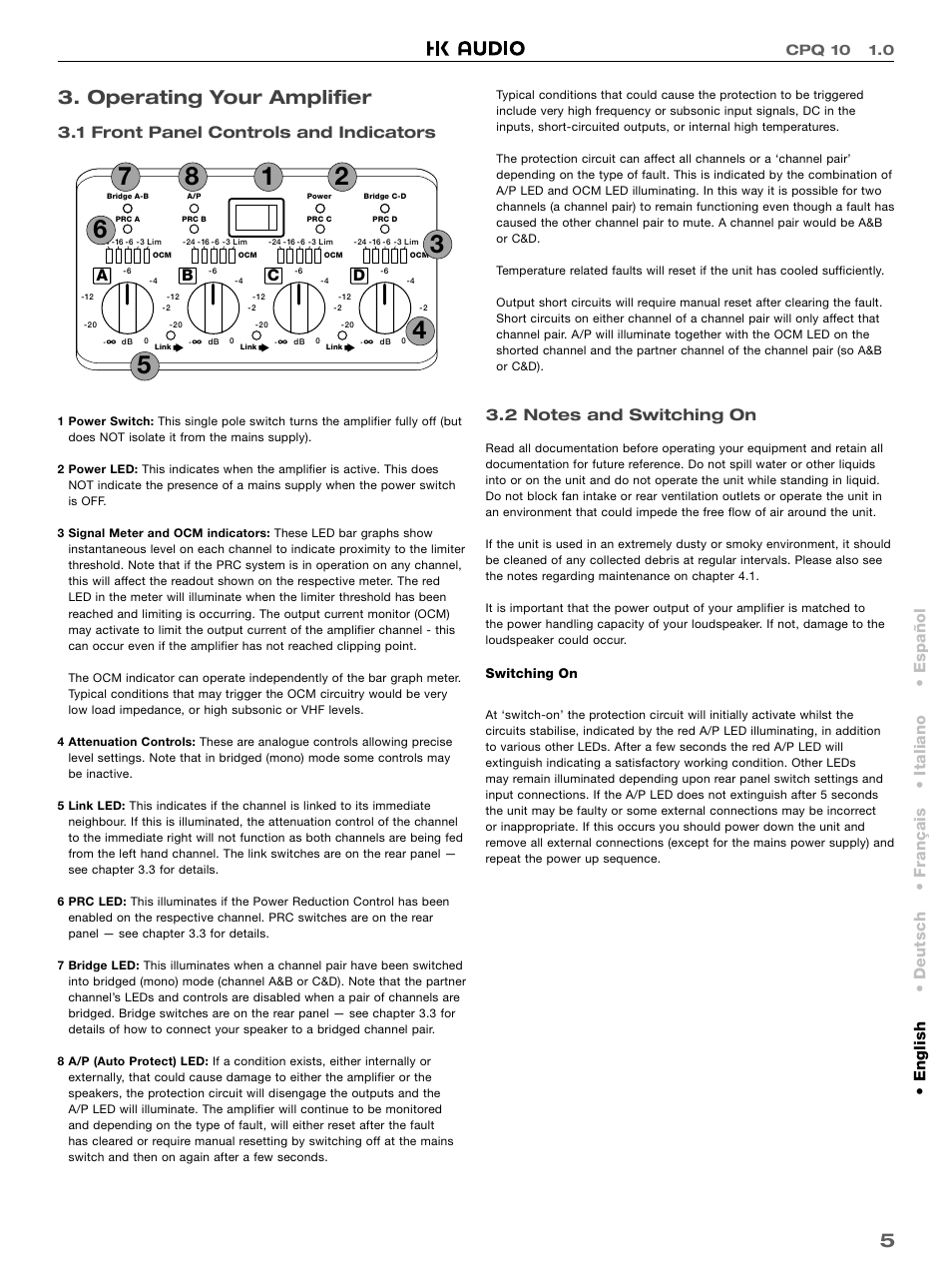 Operating your amplifier, 1 front panel controls and indicators | HK Audio CPQ 10 User Manual | Page 5 / 32