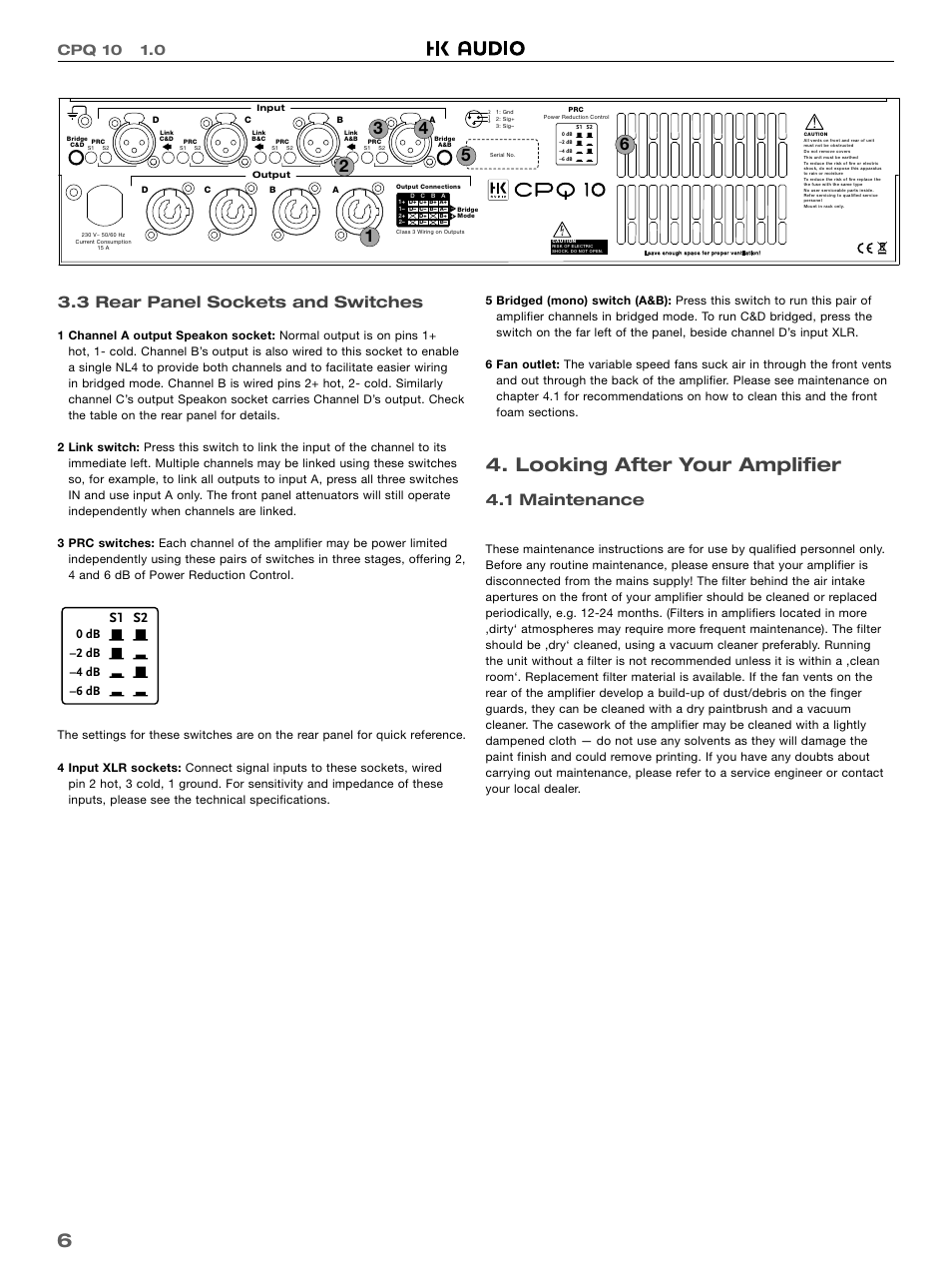 Looking after your amplifier, 3 rear panel sockets and switches, 1 maintenance | Cpq 10 1.0, S1 s2, Power reduction control | HK Audio CPQ 10 User Manual | Page 6 / 32