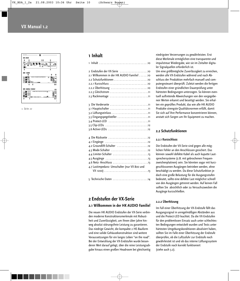 Vx manual 1.2 1 inhalt, 2 endstufen der vx-serie | HK Audio VX 2400 User Manual | Page 10 / 24