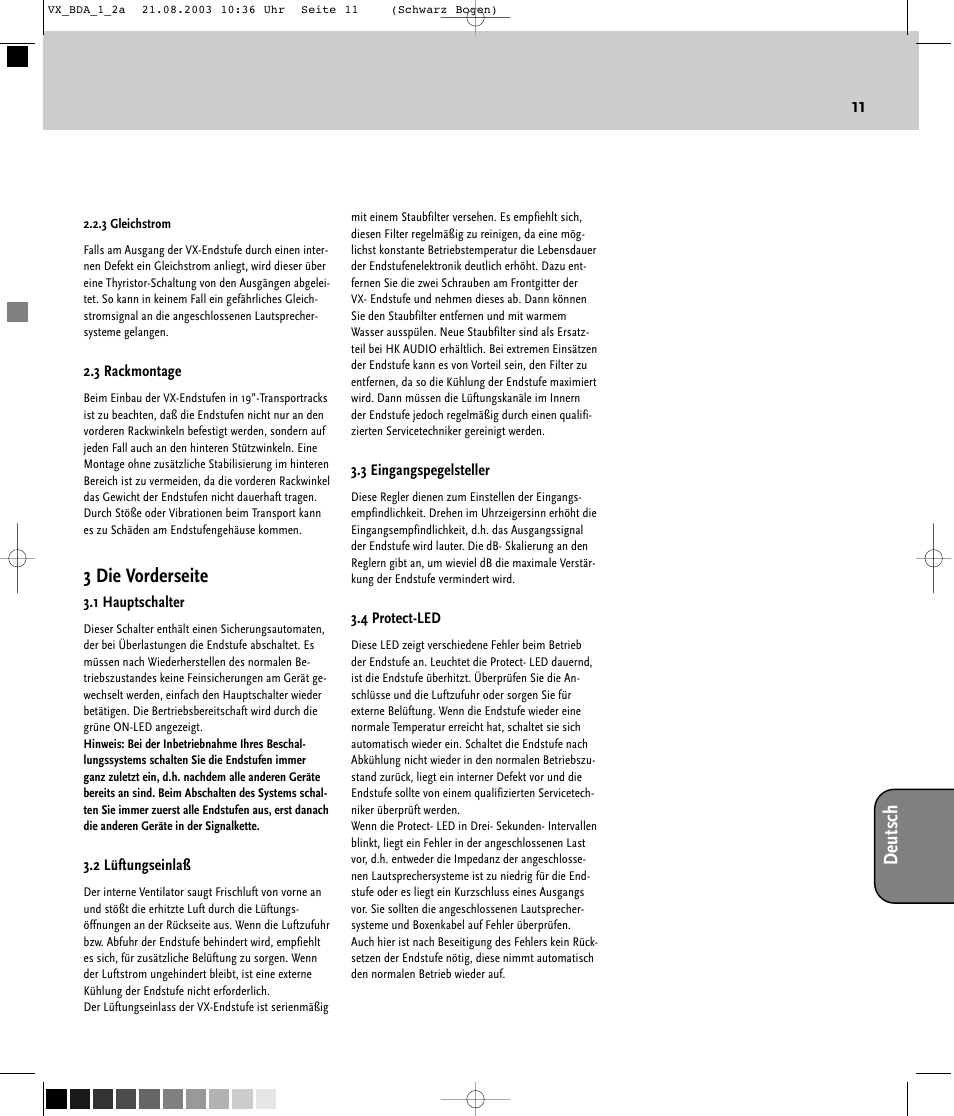 11 deutsch, 3 die vorderseite | HK Audio VX 2400 User Manual | Page 11 / 24