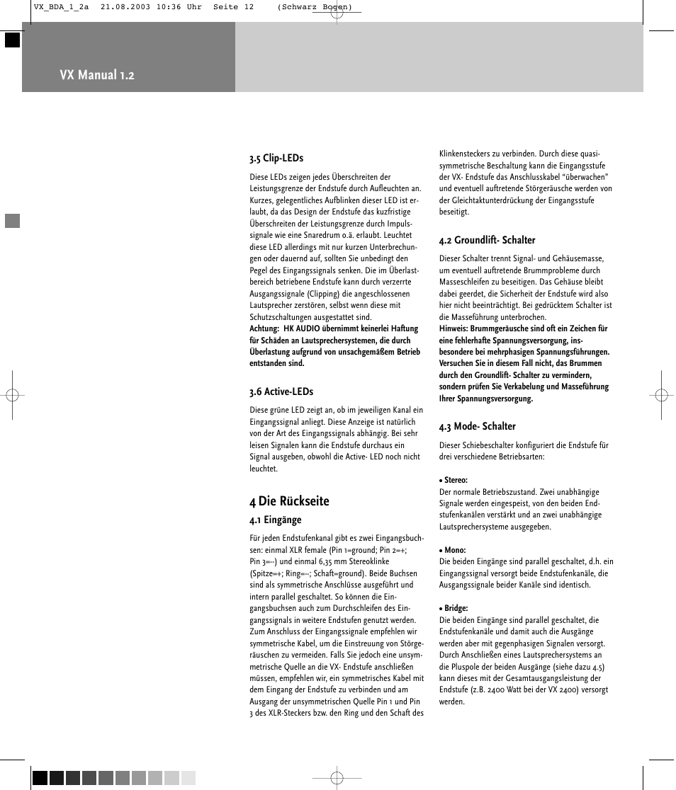 Vx manual 1.2, 4 die rückseite | HK Audio VX 2400 User Manual | Page 12 / 24