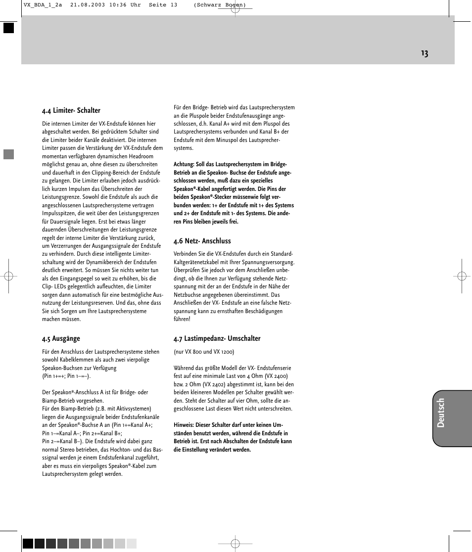 Deutsch 13 | HK Audio VX 2400 User Manual | Page 13 / 24