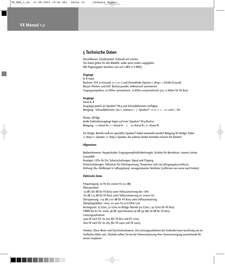 Vx manual 1.2 5 technische daten | HK Audio VX 2400 User Manual | Page 14 / 24