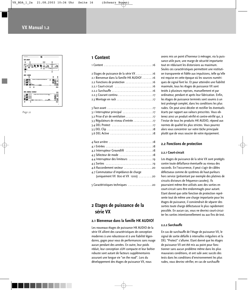 Vx manual 1.2 1 content, 2 etages de puissance de la série vx | HK Audio VX 2400 User Manual | Page 16 / 24