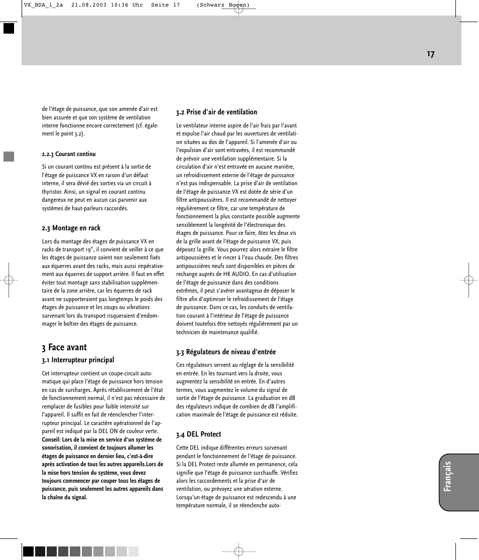 17 français, 3 face avant | HK Audio VX 2400 User Manual | Page 17 / 24