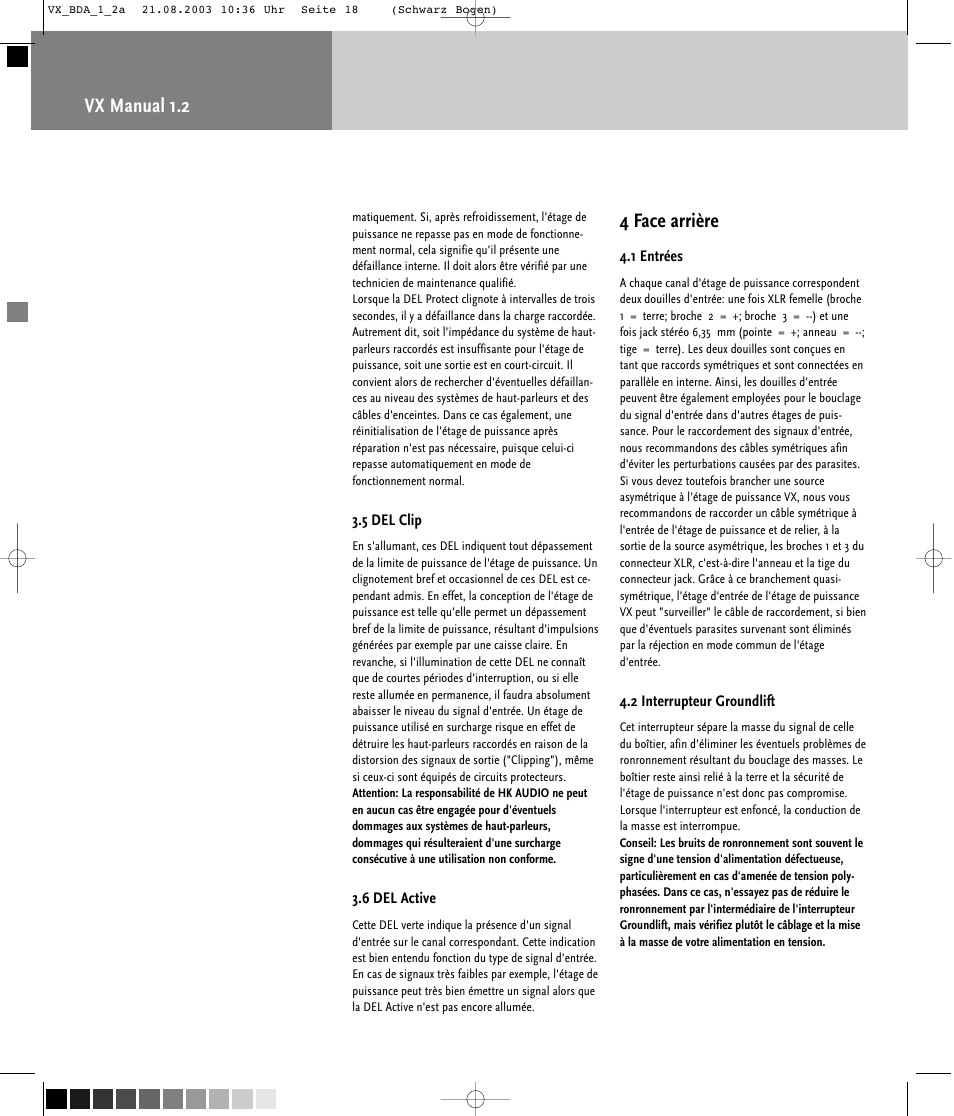 Vx manual 1.2, 4 face arrière | HK Audio VX 2400 User Manual | Page 18 / 24