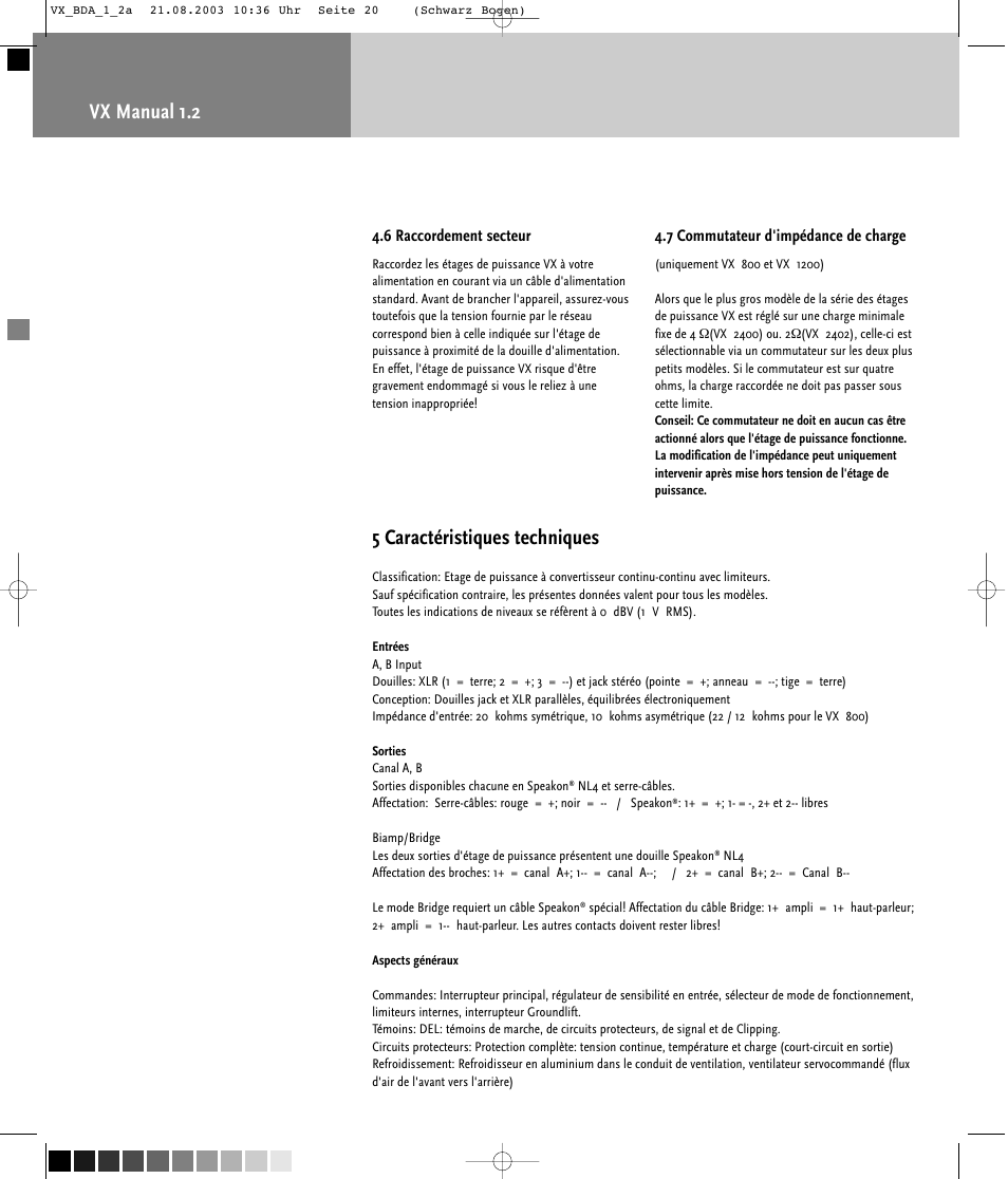 Vx manual 1.2, 5 caractéristiques techniques | HK Audio VX 2400 User Manual | Page 20 / 24