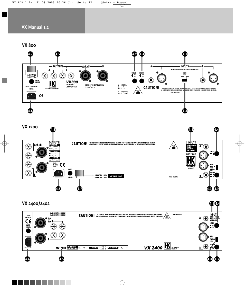 Vx 800, Caution | HK Audio VX 2400 User Manual | Page 22 / 24