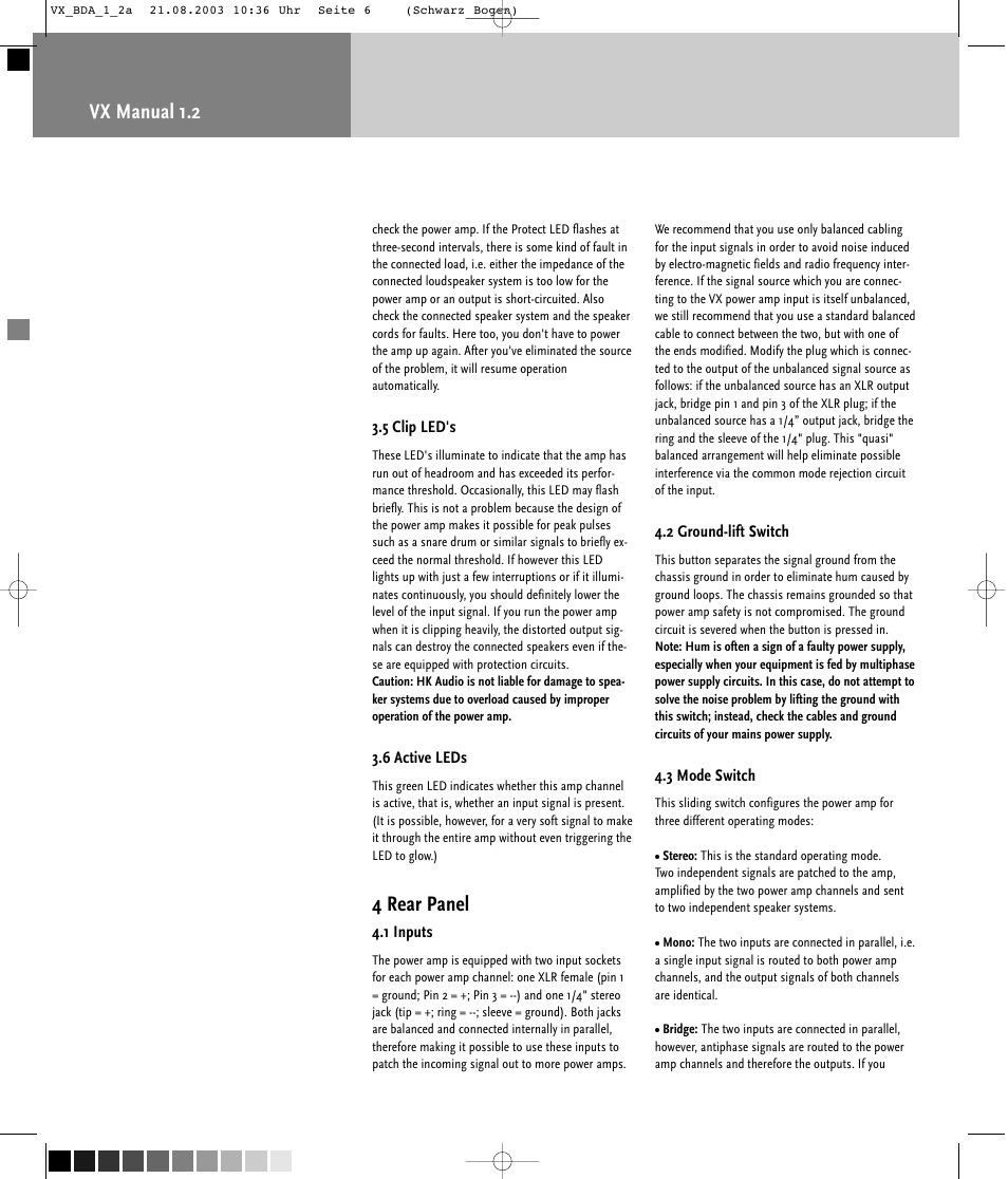 Vx manual 1.2, 4 rear panel | HK Audio VX 2400 User Manual | Page 6 / 24