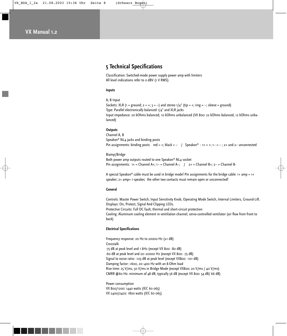 Vx manual 1.2 5 technical specifications | HK Audio VX 2400 User Manual | Page 8 / 24
