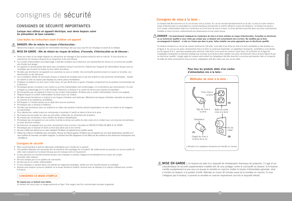 Consignes de sécurité, Consignes de sécurité importantes | Human Touch ZeroG 2.0 Chair User Manual | Page 10 / 22