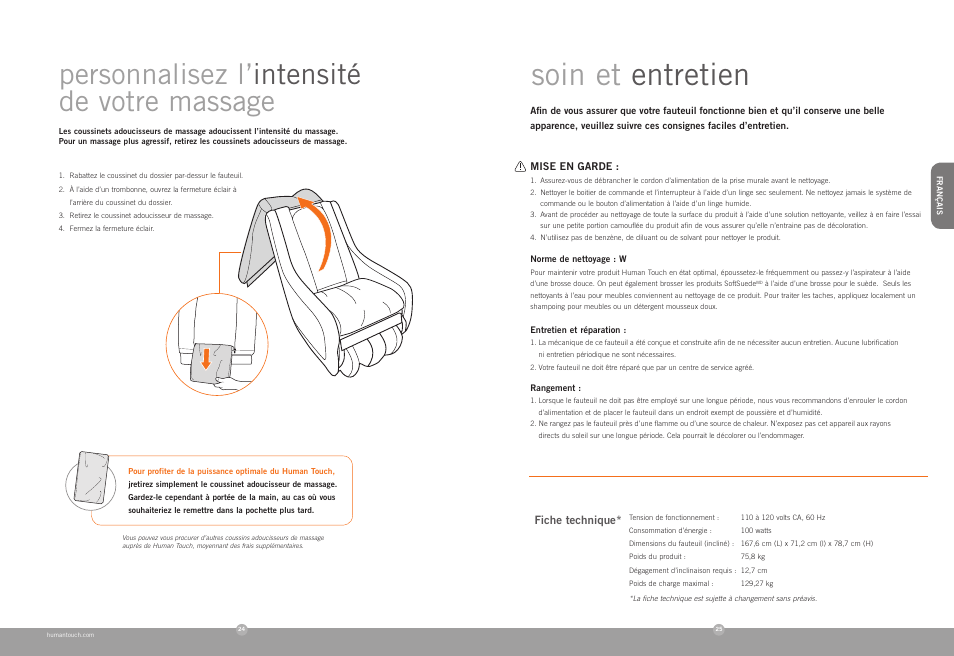 Soin et entretien, Personnalisez l’ intensité de votre massage | Human Touch ZeroG 2.0 Chair User Manual | Page 14 / 22