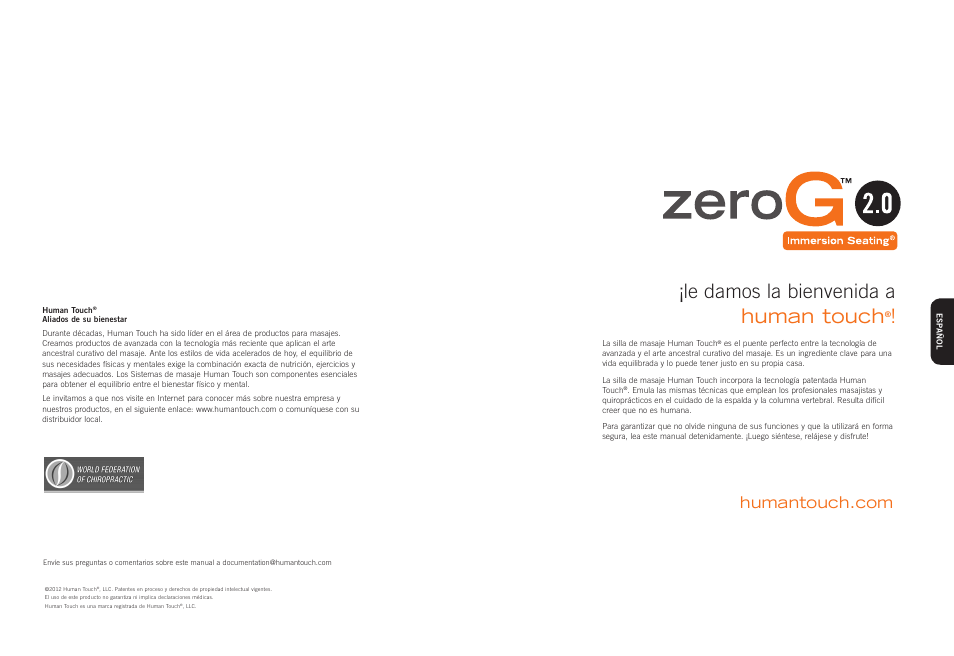 Human touch, Le damos la bienvenida a | Human Touch ZeroG 2.0 Chair User Manual | Page 16 / 22