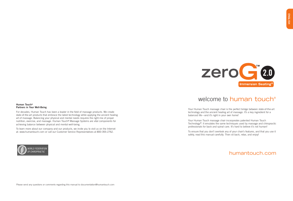 Welcome to human touch | Human Touch ZeroG 2.0 Chair User Manual | Page 2 / 22