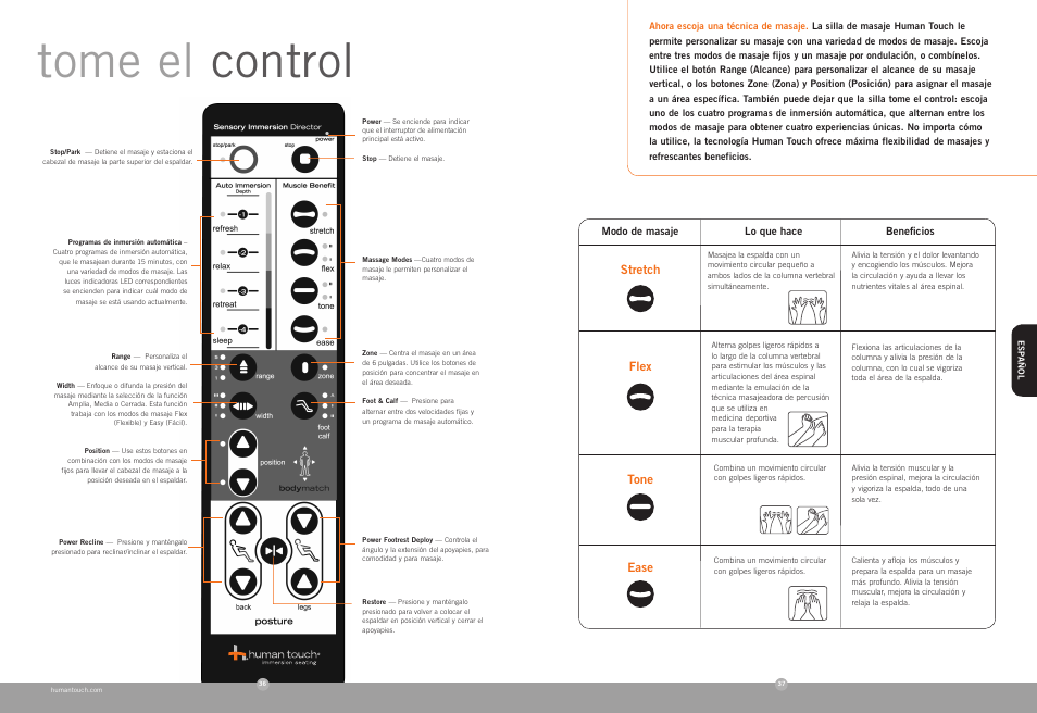 Tome el control | Human Touch ZeroG 2.0 Chair User Manual | Page 20 / 22