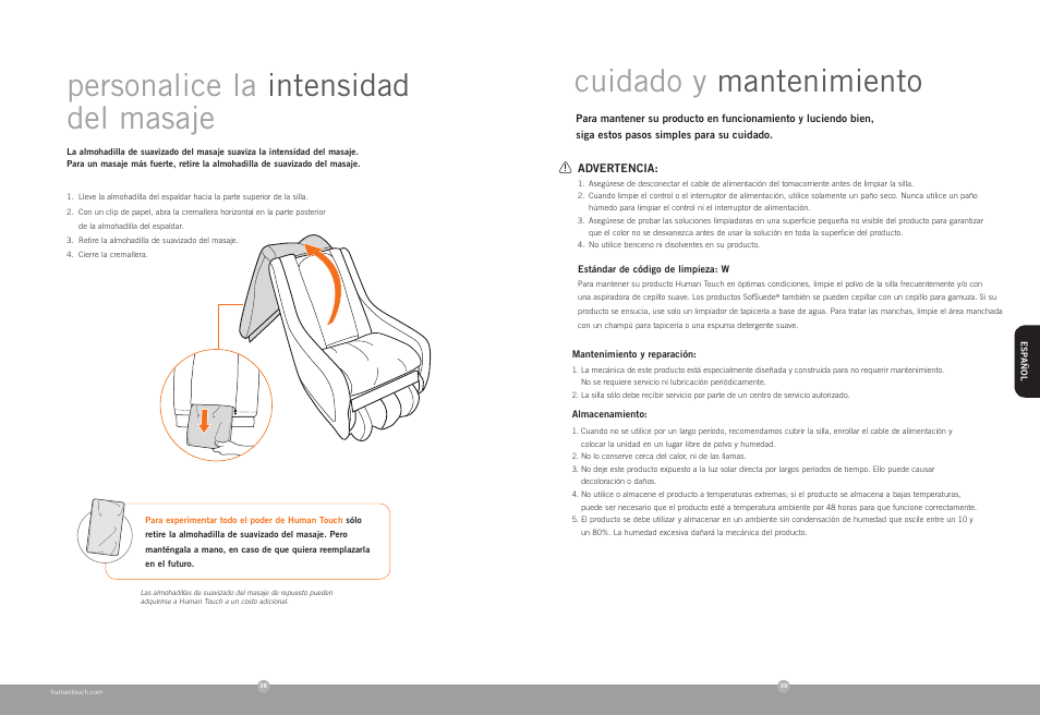 Cuidado y mantenimiento, Personalice la intensidad del masaje | Human Touch ZeroG 2.0 Chair User Manual | Page 21 / 22