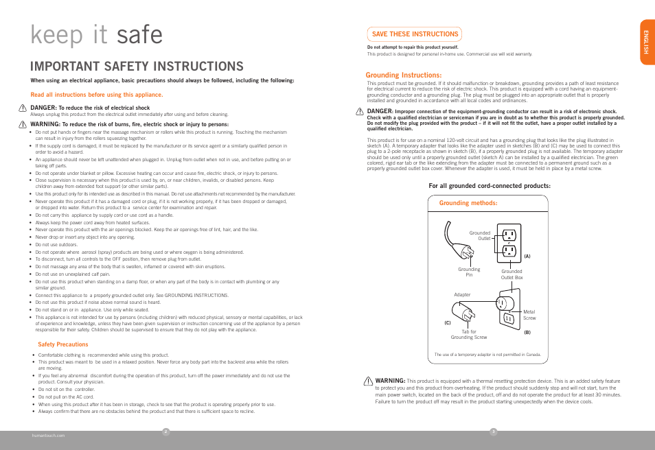 Keep it safe, Important safety instructions | Human Touch ZeroG 2.0 Chair User Manual | Page 3 / 22