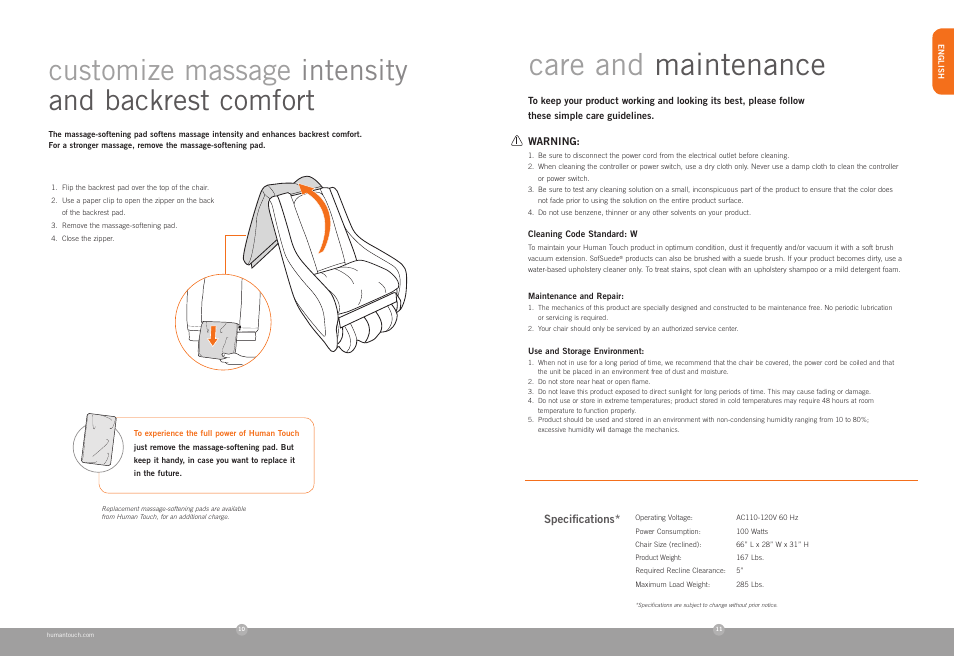 Care and maintenance, Customize massage intensity and backrest comfort | Human Touch ZeroG 2.0 Chair User Manual | Page 7 / 22