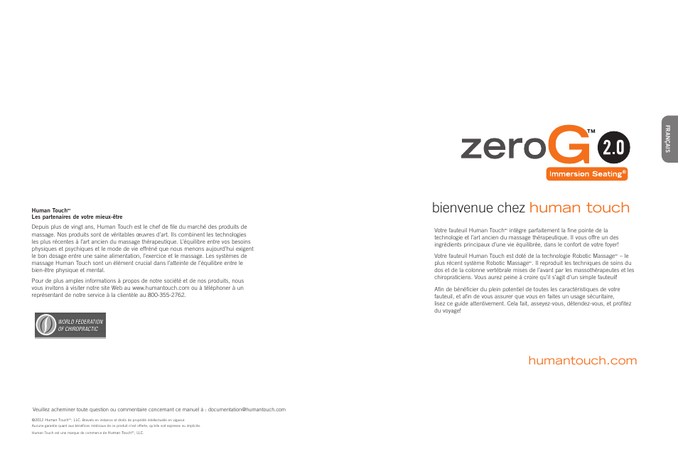 Bienvenue chez human touch | Human Touch ZeroG 2.0 Chair User Manual | Page 9 / 22