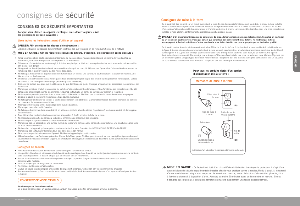Consignes de sécurité, Consignes de sécurité importantes | Human Touch ZeroG 4.0 Chair User Manual | Page 10 / 22