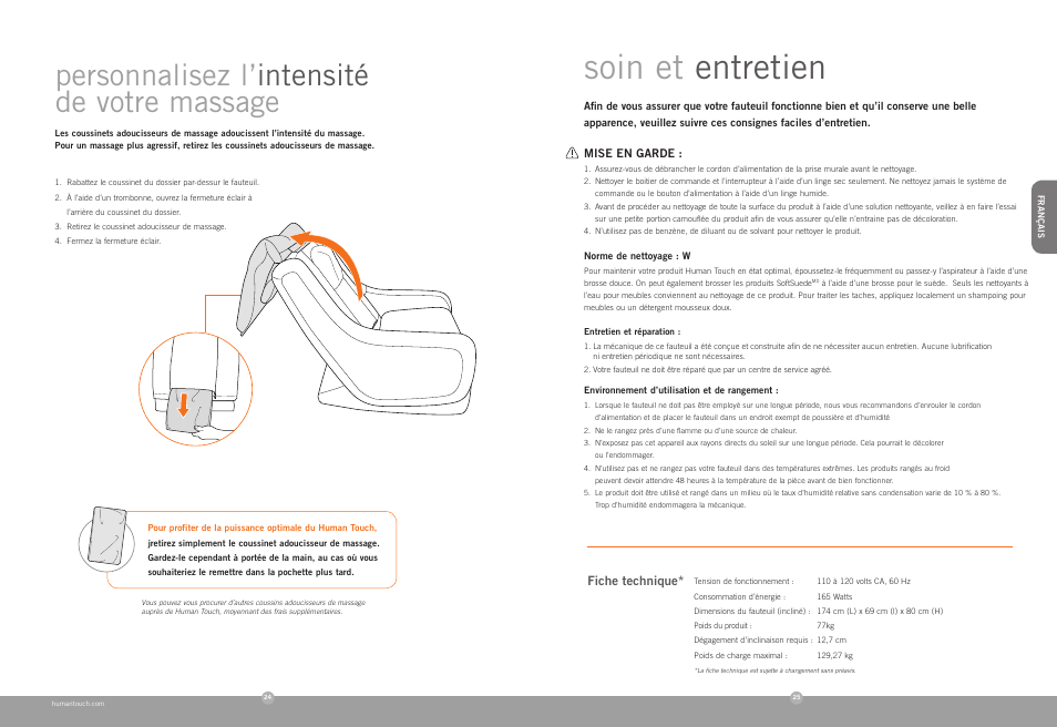 Soin et entretien, Personnalisez l’ intensité de votre massage | Human Touch ZeroG 4.0 Chair User Manual | Page 14 / 22