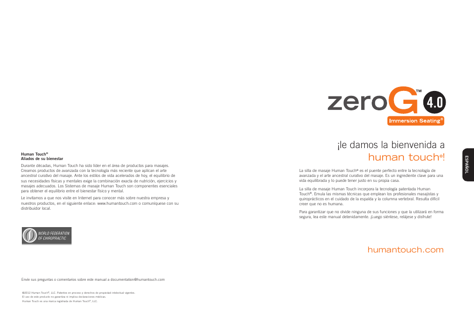Human touch, Le damos la bienvenida a | Human Touch ZeroG 4.0 Chair User Manual | Page 16 / 22