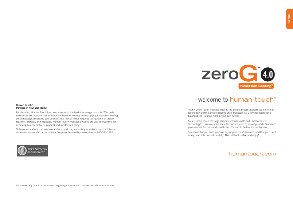 Welcome to human touch | Human Touch ZeroG 4.0 Chair User Manual | Page 2 / 22