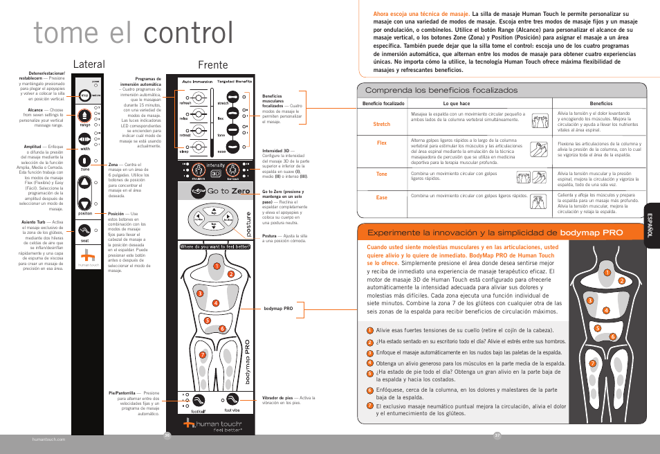 Tome el control, Frente, Lateral | Human Touch ZeroG 4.0 Chair User Manual | Page 20 / 22