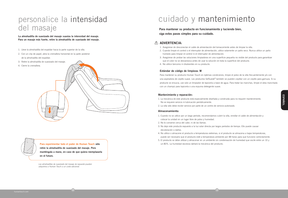 Cuidado y mantenimiento, Personalice la intensidad del masaje | Human Touch ZeroG 4.0 Chair User Manual | Page 21 / 22