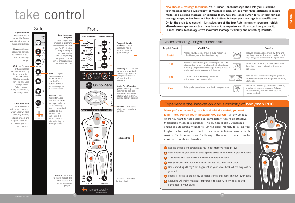 Take control, Front, Side | Human Touch ZeroG 4.0 Chair User Manual | Page 6 / 22