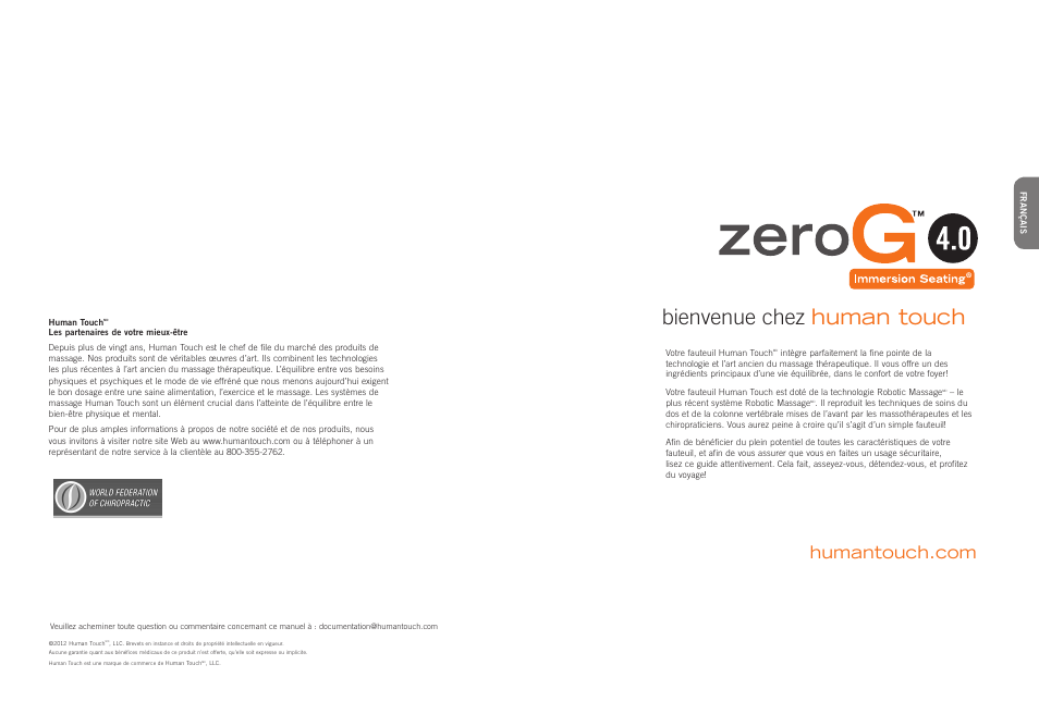 Bienvenue chez human touch | Human Touch ZeroG 4.0 Chair User Manual | Page 9 / 22
