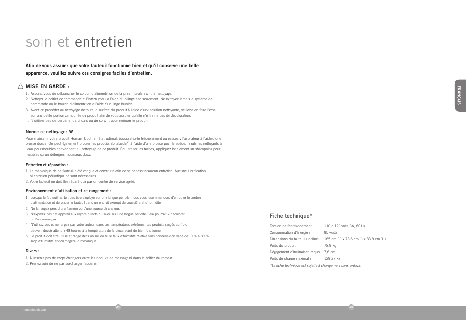 Soin et entretien | Human Touch Wholebody 2.0 Chair User Manual | Page 14 / 22