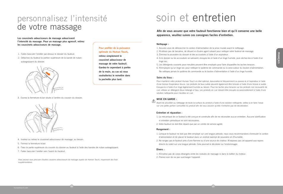 Soin et entretien, Personnalisez l’intensité de votre massage | Human Touch HT-100 Massage Chair User Manual | Page 15 / 24