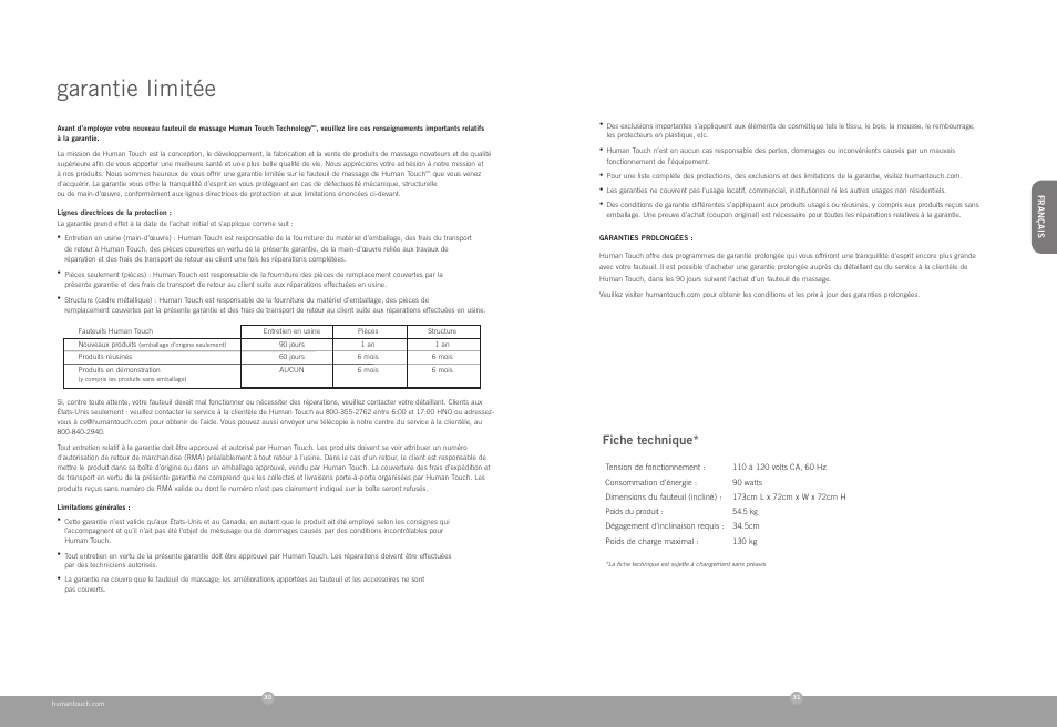 Garantie limitée, Fiche technique | Human Touch HT-100 Massage Chair User Manual | Page 16 / 24