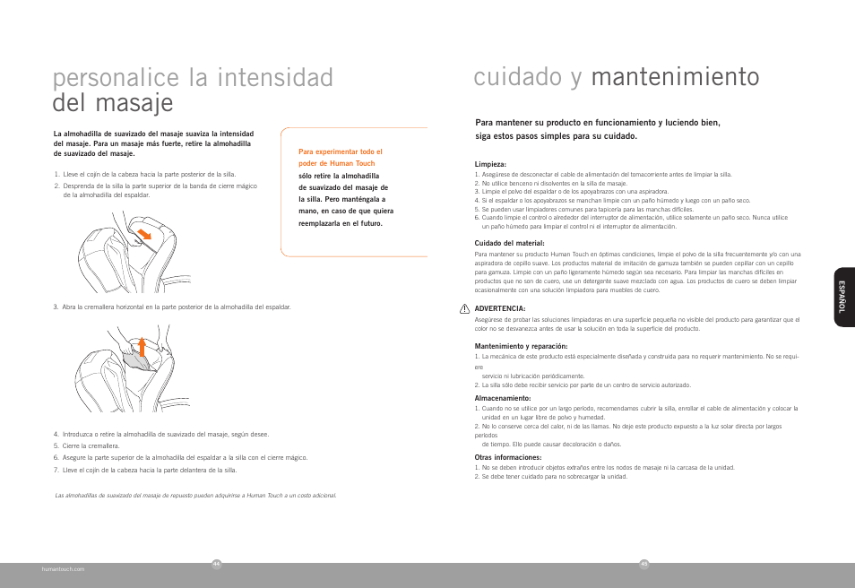 Personalice la intensidad del masaje, Cuidado y mantenimiento | Human Touch HT-100 Massage Chair User Manual | Page 23 / 24