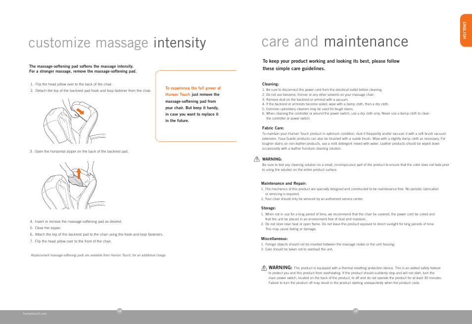 Care and maintenance, Customize massage intensity | Human Touch HT-100 Massage Chair User Manual | Page 7 / 24