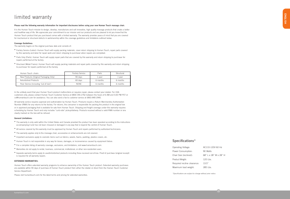 Limited warranty, Speciﬁcations | Human Touch HT-100 Massage Chair User Manual | Page 8 / 24