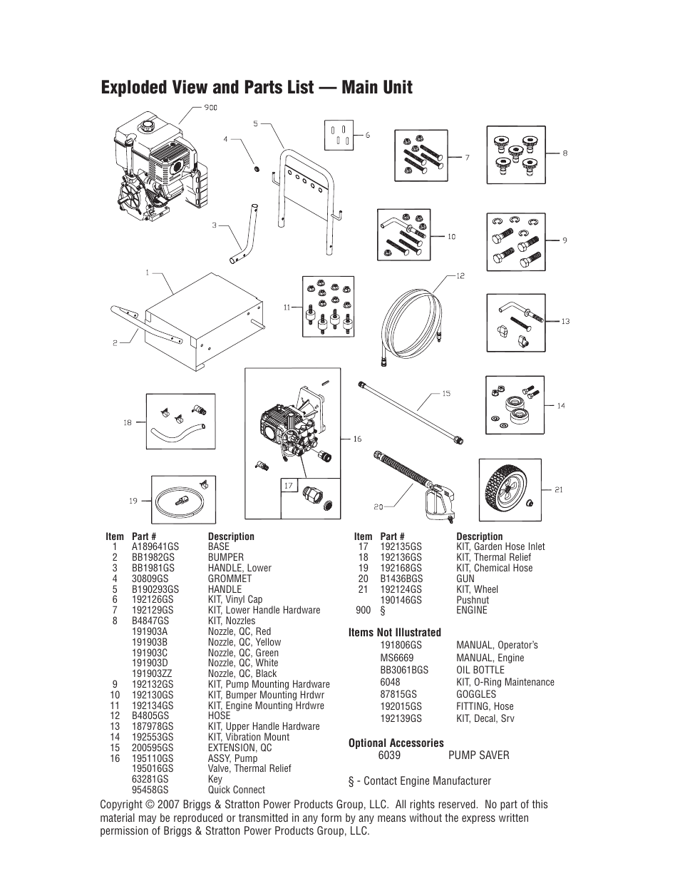 Exploded view and parts list — main unit | Briggs & Stratton HPP1780-0 User Manual | Page 2 / 3