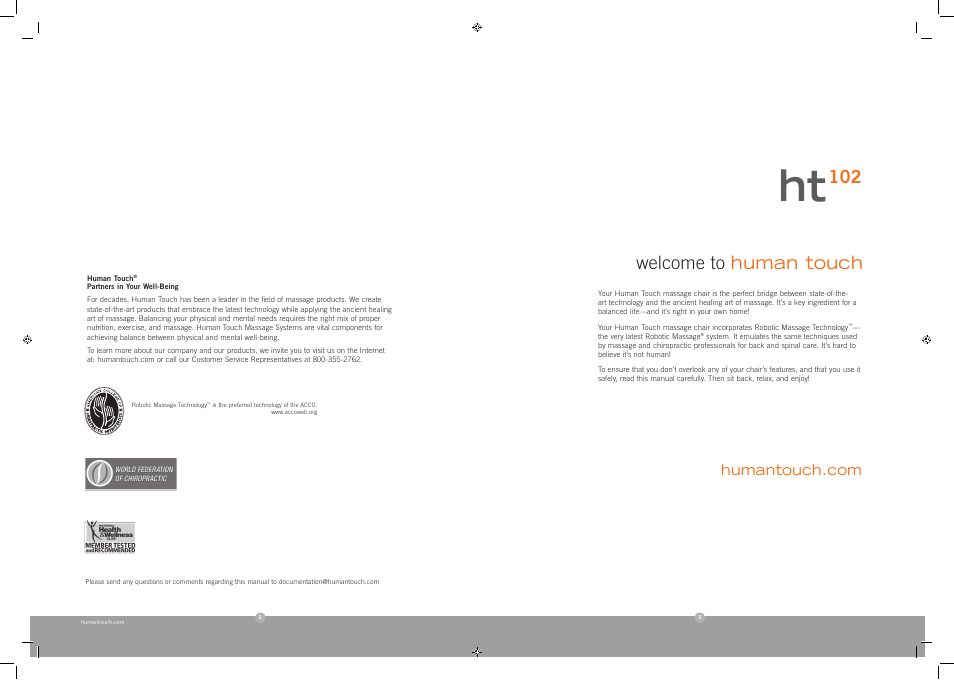 Welcome to human touch | Human Touch HT-102 Massage Chair User Manual | Page 2 / 8