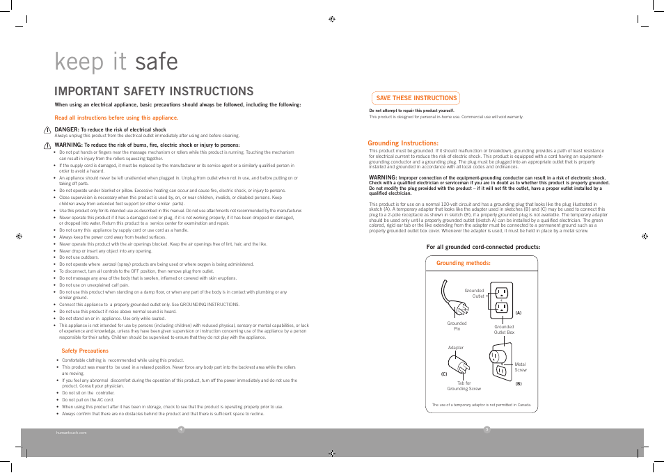 Keep it safe, Important safety instructions | Human Touch HT-102 Massage Chair User Manual | Page 3 / 8