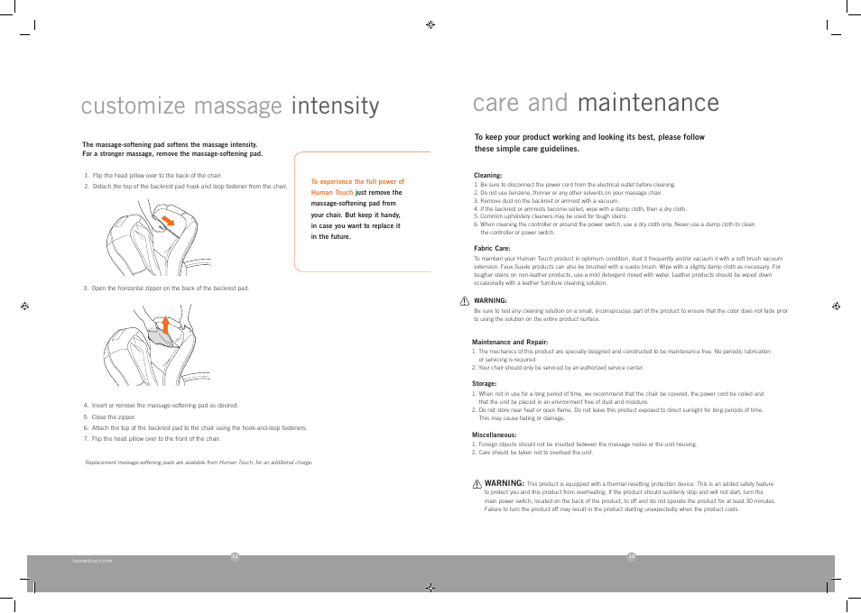 Care and maintenance, Customize massage intensity | Human Touch HT-102 Massage Chair User Manual | Page 7 / 8