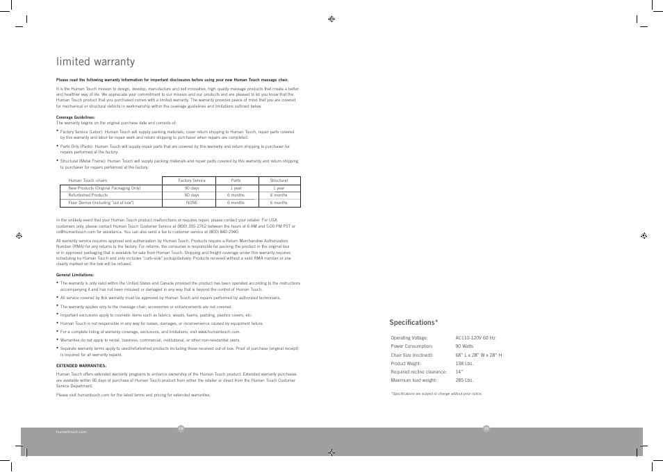 Limited warranty | Human Touch HT-102 Massage Chair User Manual | Page 8 / 8