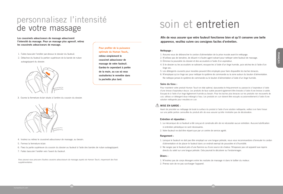 Soin et entretien, Personnalisez l’intensité de votre massage | Human Touch HT-103 Massage Chair User Manual | Page 15 / 24