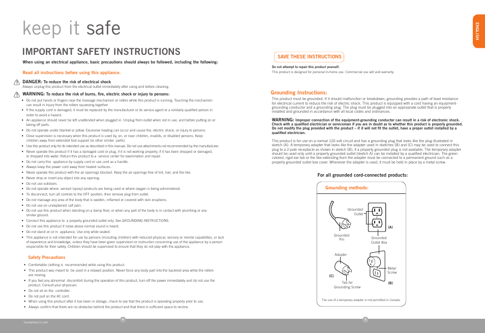 Keep it safe, Important safety instructions | Human Touch HT-103 Massage Chair User Manual | Page 3 / 24