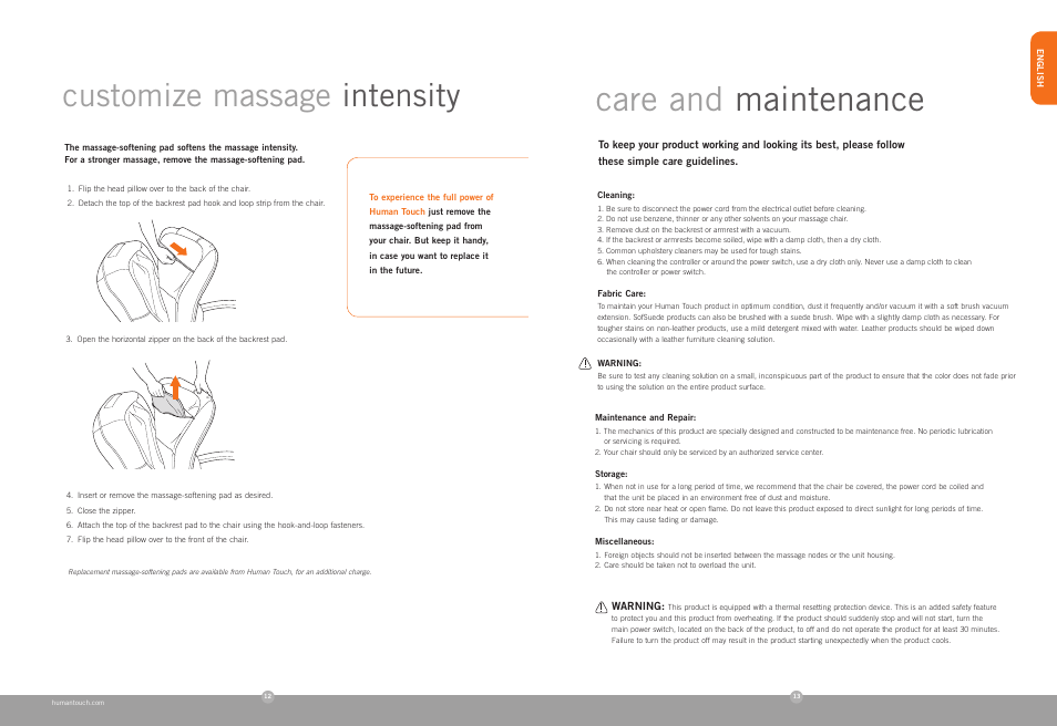 Care and maintenance, Customize massage intensity | Human Touch HT-103 Massage Chair User Manual | Page 7 / 24