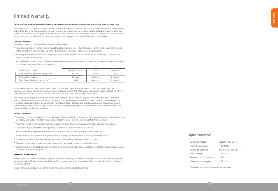 Limited warranty, Speciﬁcations | Human Touch HT-103 Massage Chair User Manual | Page 8 / 24