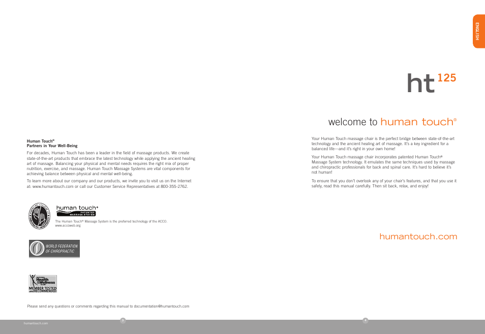 Welcome to human touch | Human Touch HT-125 Massage Chair User Manual | Page 2 / 24