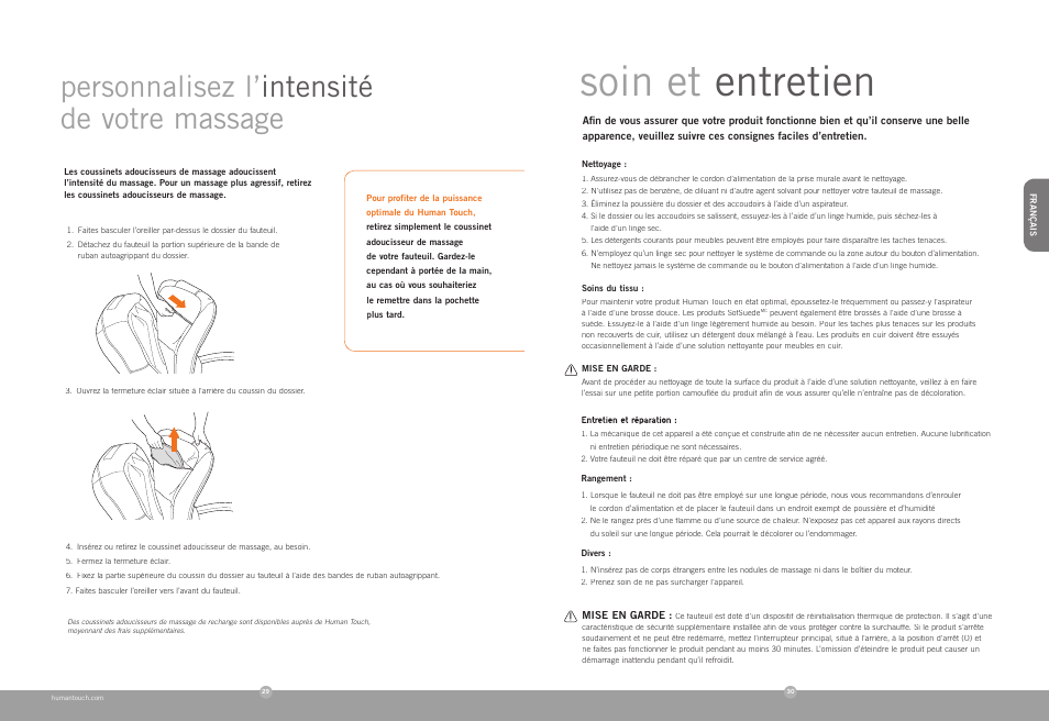 Soin et entretien, Personnalisez l’ intensité de votre massage | Human Touch HT-136 Massage Chair User Manual | Page 15 / 24